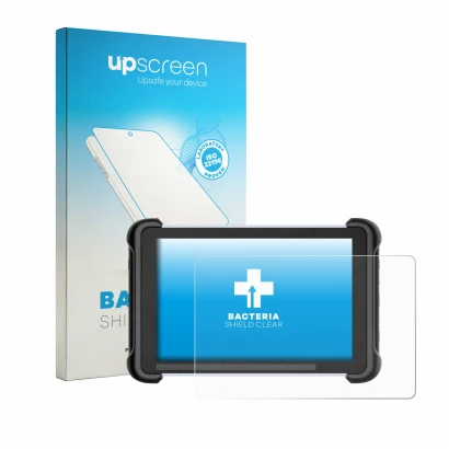Parte frontal de un envase de producto con el logotipo de la marca upscreen. Al lado se muestra el dispositivo MUCAR 892BT con