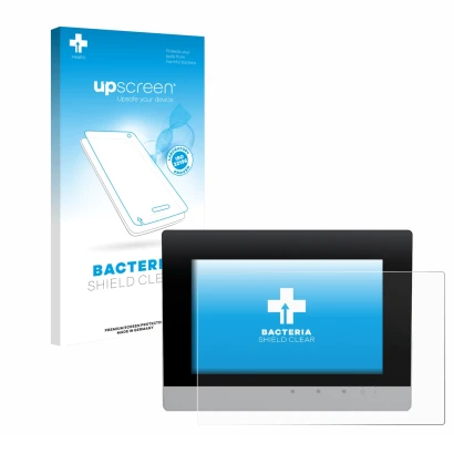 Parte frontal de un envase de producto con el logotipo de la marca upscreen. Al lado se muestra el dispositivo WAGO Touch Pane
