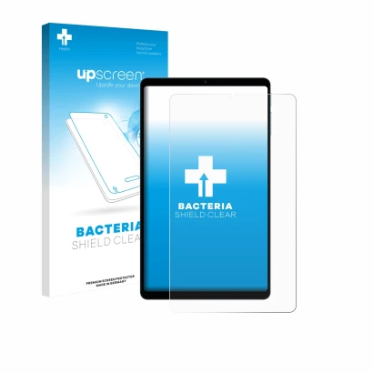 Parte frontal de un envase de producto con el logotipo de la marca upscreen. Al lado se muestra el dispositivo Teclast T50 Min