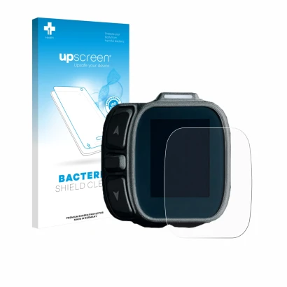 Parte frontal de un envase de producto con el logotipo de la marca upscreen. Al lado se muestra el dispositivo Giant Ridecontr