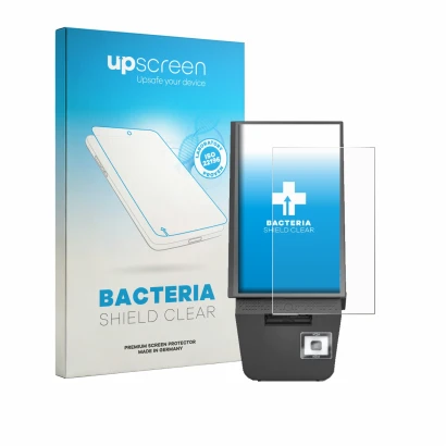 Parte frontal de un envase de producto con el logotipo de la marca upscreen. Al lado se muestra el dispositivo Pyramid Compute