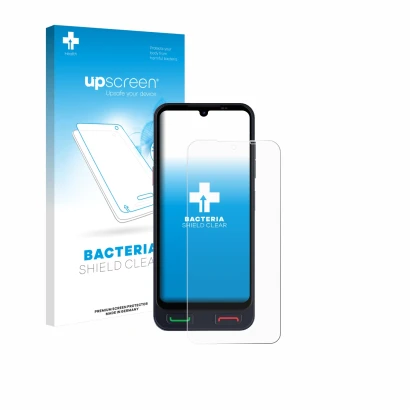 Parte frontal de un envase de producto con el logotipo de la marca upscreen. Al lado se muestra el dispositivo SPC Zeus 2 Pro 