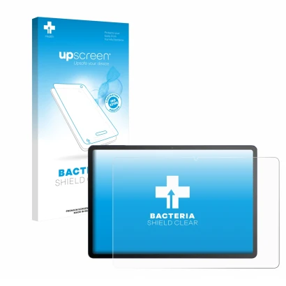 Parte frontal de un envase de producto con el logotipo de la marca upscreen. Al lado se muestra el dispositivo TCL Tab A1 Plus