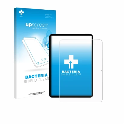 Parte frontal de un envase de producto con el logotipo de la marca upscreen. Al lado se muestra el dispositivo Xiaomi Pad 8 co