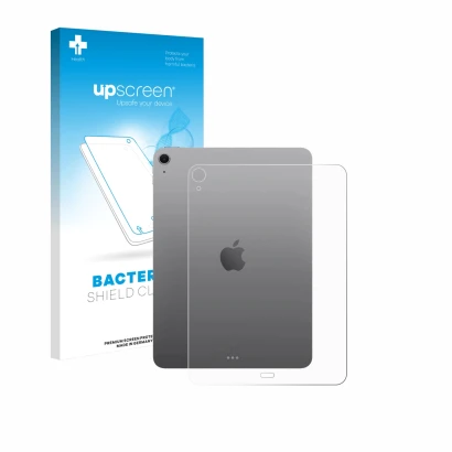 Parte frontal de un envase de producto con el logotipo de la marca upscreen. Al lado se muestra el dispositivo Apple iPad Air