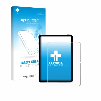 Parte frontal de un envase de producto con el logotipo de la marca upscreen. Al lado se muestra el dispositivo Apple iPad Air 