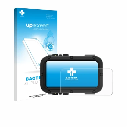 Parte frontal de un envase de producto con el logotipo de la marca upscreen. Al lado se muestra el dispositivo Suunto Nautic c