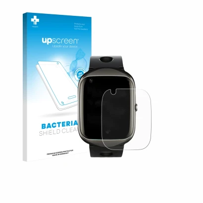 Parte frontal de un envase de producto con el logotipo de la marca upscreen. Al lado se muestra el dispositivo ABUBU SmartWatc