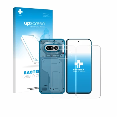 Parte frontal de un envase de producto con el logotipo de la marca upscreen. Al lado se muestra el dispositivo Nothing Phone (