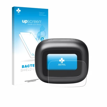 Parte frontal de un envase de producto con el logotipo de la marca upscreen. Al lado se muestra el dispositivo JBL Live Beam 3