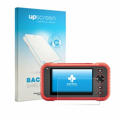 Parte frontal de un envase de producto con el logotipo de la marca upscreen. Al lado se muestra el dispositivo Launch CRP129E