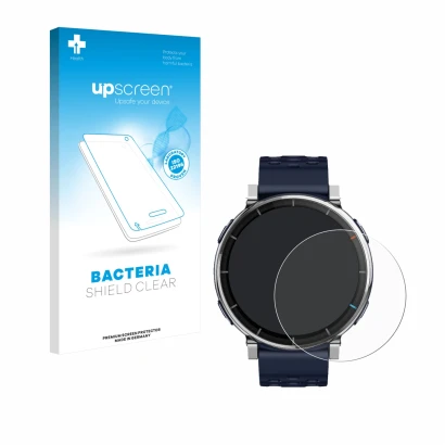 Parte frontal de un envase de producto con el logotipo de la marca upscreen. Al lado se muestra el dispositivo Amazfit Active