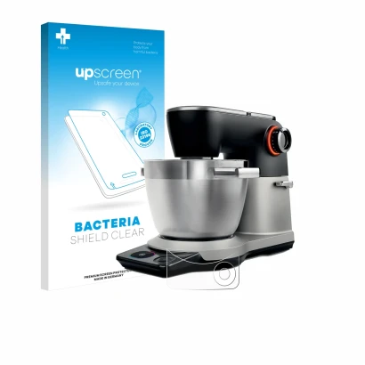 Parte frontal de un envase de producto con el logotipo de la marca upscreen. Al lado se muestra el dispositivo Bosch MUMS8Z co