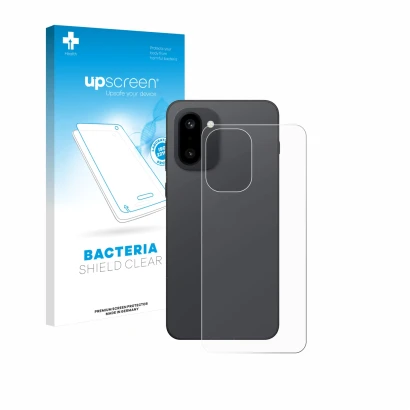 Parte frontal de un envase de producto con el logotipo de la marca upscreen. Al lado se muestra el dispositivo OnePlus 15R (Tr