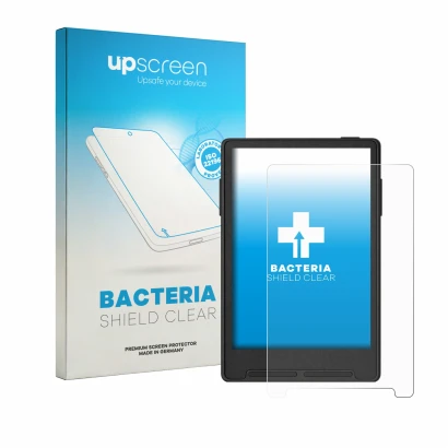 Parte frontal de un envase de producto con el logotipo de la marca upscreen. Al lado se muestra el dispositivo Xteink X3 con s