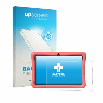 Parte frontal de un envase de producto con el logotipo de la marca upscreen. Al lado se muestra el dispositivo Tabwee K10 con