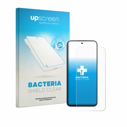 Parte frontal de un envase de producto con el logotipo de la marca upscreen. Al lado se muestra el dispositivo Oppo K14 con su