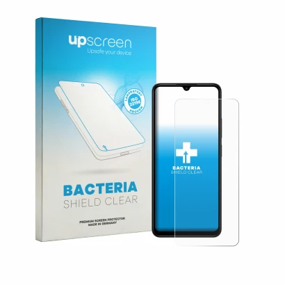 Parte frontal de un envase de producto con el logotipo de la marca upscreen. Al lado se muestra el dispositivo Xiaomi Redmi A3