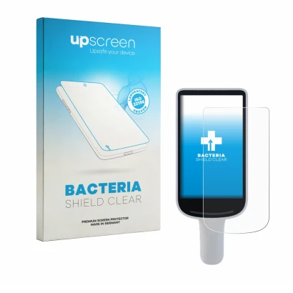 Parte frontal de un envase de producto con el logotipo de la marca upscreen. Al lado se muestra el dispositivo Datalogic Joya 