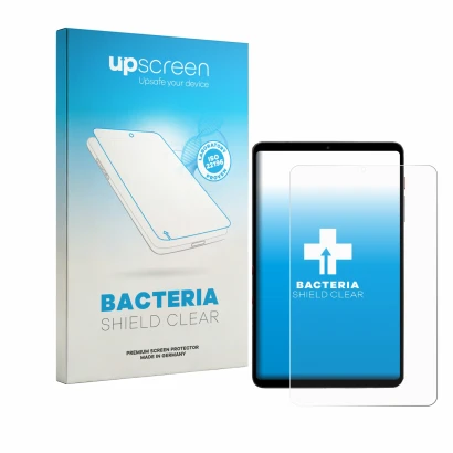 Parte frontal de un envase de producto con el logotipo de la marca upscreen. Al lado se muestra el dispositivo BNCF BPad T1 co