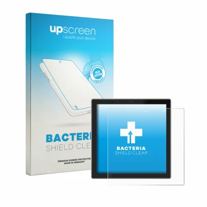 Parte frontal de un envase de producto con el logotipo de la marca upscreen. Al lado se muestra el dispositivo SONOFF NSPanel