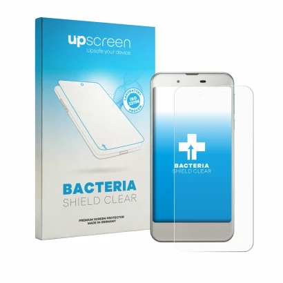 Parte frontal de un envase de producto con el logotipo de la marca upscreen. Al lado se muestra el dispositivo Sharp Aquos SHV