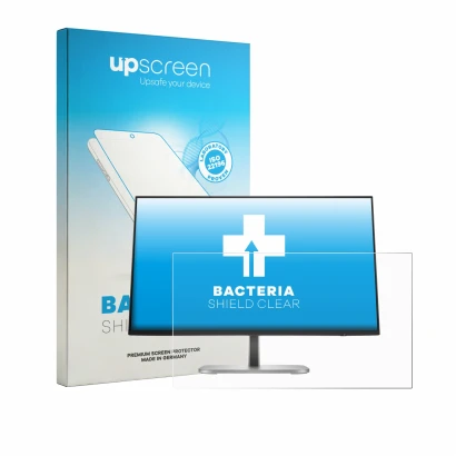 Parte frontal de un envase de producto con el logotipo de la marca upscreen. Al lado se muestra el dispositivo HP Series 5 Pro