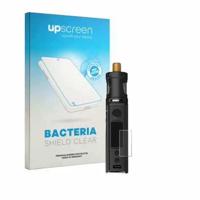 Parte frontal de un envase de producto con el logotipo de la marca upscreen. Al lado se muestra el dispositivo Innokin LiMAX K