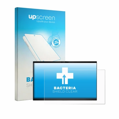 Parte frontal de un envase de producto con el logotipo de la marca upscreen. Al lado se muestra el dispositivo Dell Pro 24 E24