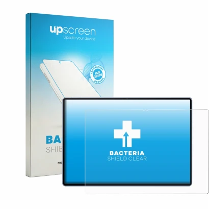 Parte frontal de un envase de producto con el logotipo de la marca upscreen. Al lado se muestra el dispositivo Huawei MatePad