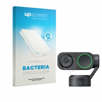 Parte frontal de un envase de producto con el logotipo de la marca upscreen. Al lado se muestra el dispositivo Insta360 Link 2