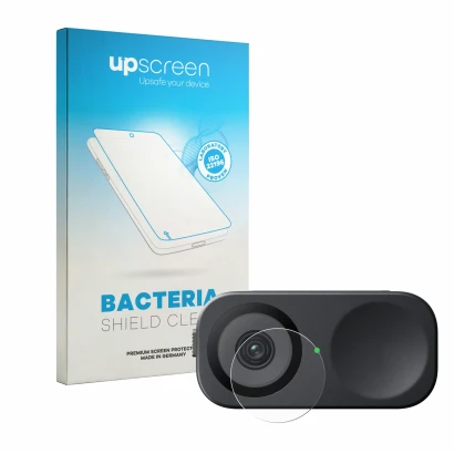 Parte frontal de un envase de producto con el logotipo de la marca upscreen. Al lado se muestra el dispositivo Insta360 Link 2