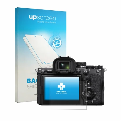 Parte frontal de un envase de producto con el logotipo de la marca upscreen. Al lado se muestra el dispositivo Sony Alpha 7R V