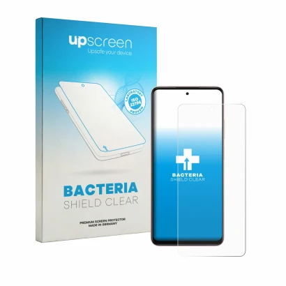Parte frontal de un envase de producto con el logotipo de la marca upscreen. Al lado se muestra el dispositivo Oppo A5i Pro co