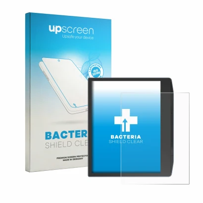 Parte frontal de un envase de producto con el logotipo de la marca upscreen. Al lado se muestra el dispositivo PocketBook Era 