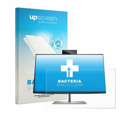Parte frontal de un envase de producto con el logotipo de la marca upscreen. Al lado se muestra el dispositivo HP Z24m G3 con