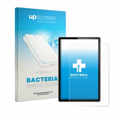 Parte frontal de un envase de producto con el logotipo de la marca upscreen. Al lado se muestra el dispositivo Simplori T18 co