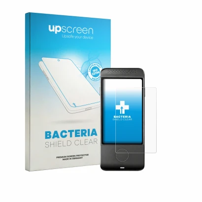 Parte frontal de un envase de producto con el logotipo de la marca upscreen. Al lado se muestra el dispositivo Vasco Translato