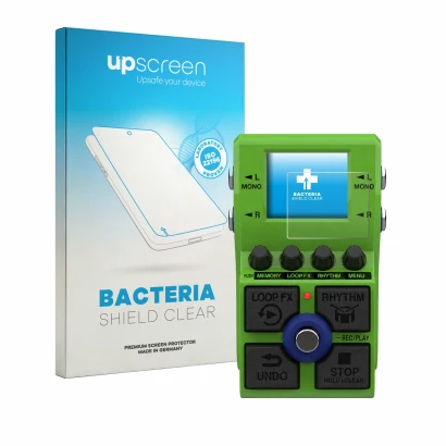 Parte frontal de un envase de producto con el logotipo de la marca upscreen. Al lado se muestra el dispositivo Zoom MS-90LP Pl