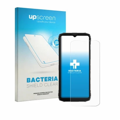 Parte frontal de un envase de producto con el logotipo de la marca upscreen. Al lado se muestra el dispositivo Doogee Blade 10