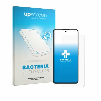 Parte frontal de un envase de producto con el logotipo de la marca upscreen. Al lado se muestra el dispositivo Honor X8d con s