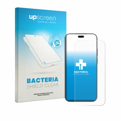 Parte frontal de un envase de producto con el logotipo de la marca upscreen. Al lado se muestra el dispositivo Huawei Nova 16