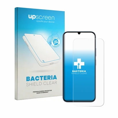 Parte frontal de un envase de producto con el logotipo de la marca upscreen. Al lado se muestra el dispositivo realme C100x co