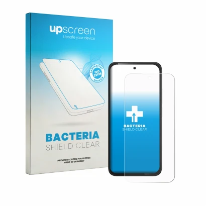 Parte frontal de un envase de producto con el logotipo de la marca upscreen. Al lado se muestra el dispositivo TCL K70 4G con