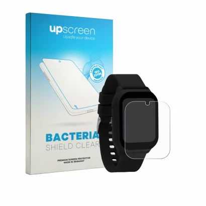 Parte frontal de un envase de producto con el logotipo de la marca upscreen. Al lado se muestra el dispositivo One2Track Conne