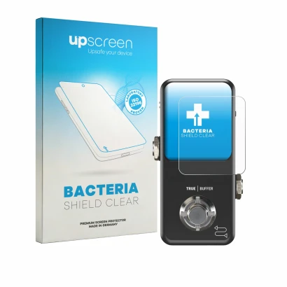 Parte frontal de un envase de producto con el logotipo de la marca upscreen. Al lado se muestra el dispositivo TC Electronic P
