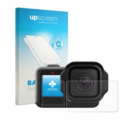 Parte frontal de un envase de producto con el logotipo de la marca upscreen. Al lado se muestra el dispositivo GoPro Mission 1