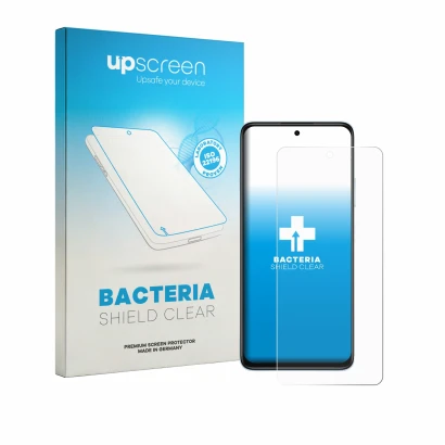 Parte frontal de un envase de producto con el logotipo de la marca upscreen. Al lado se muestra el dispositivo Huawei Nova Y74