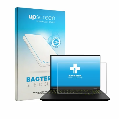 Parte frontal de un envase de producto con el logotipo de la marca upscreen. Al lado se muestra el dispositivo XMG Neo 16 con