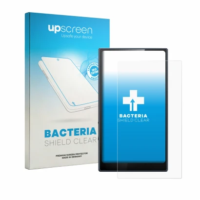 Parte frontal de un envase de producto con el logotipo de la marca upscreen. Al lado se muestra el dispositivo FiiO M21 con su